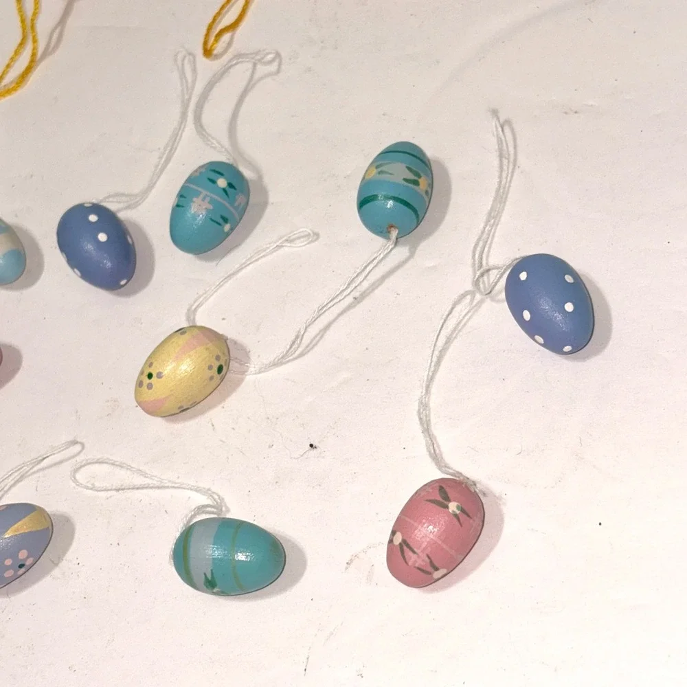 World Market Easter Blue Chicken Crepe Paper Basket & 14 Wooden Egg Ornaments